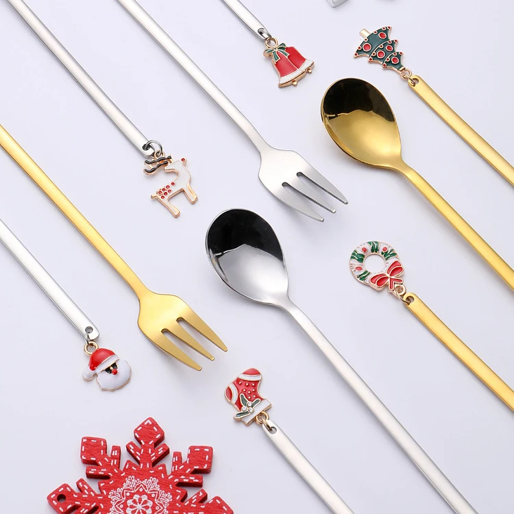 Creative Christmas Cutlery Gift Set Gold Silver Stainless Steel Spoons and Forks Set for Coffee Dessert