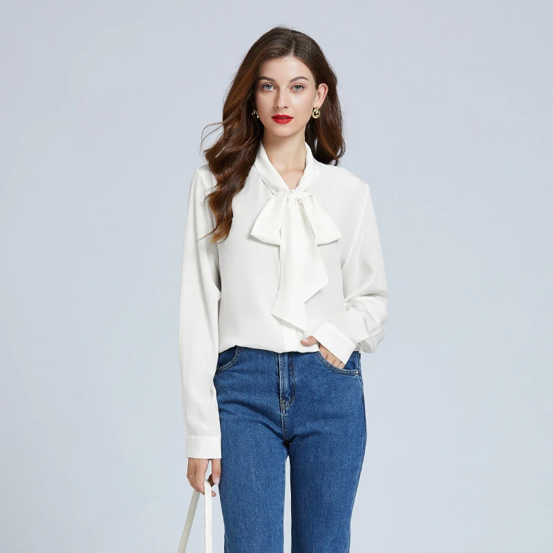 High Quality Basic Silk Blouses Crep De Chine Bow Tie 100% Mulberry Silk Shirts For Women