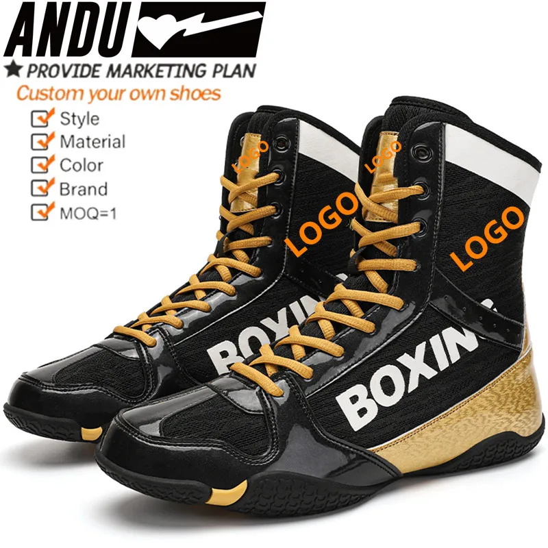 Size 36-46  Factory Made Professional Custom Leather Breathable Sport Boots High-top Boxing Shoes New Design Boxing Shoes