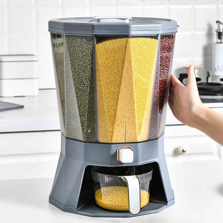 rotating  kitchen plastic sealed rice bucket grain rice dispenser storage box with cup