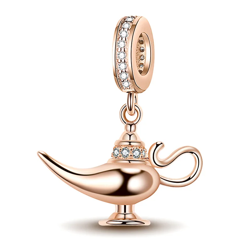 Wholesale 925 sterling silver rose gold plated cute fairy tale Aladdin magic lamp shape inlaid with zircon beads