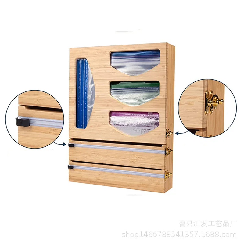 Wall Mount Bamboo Wrap Foil And Plastic Ziplock Food Ziplock Zip Lock Bag Storage Organizer And Dispenser With Cutter And Labels