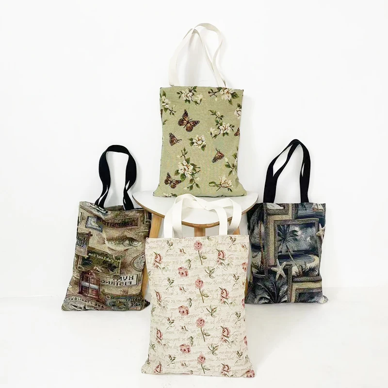 Custom Tapestry Grocery Tote Bag Jacquard Cotton Reusable Shopping Bags Summer Beach Bags