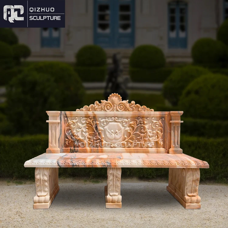Customized Antique Outdoor Garden Decor Hand Carved Park Natural Stone Red Marble Bench Chair