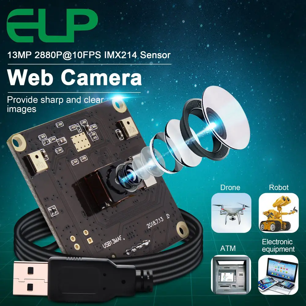 ELP High Definition 13MP No Distortion CMOS IMX214 USB2.0 Mini HD Color Webcam Auto Focus USB Camera Module With Microphone
