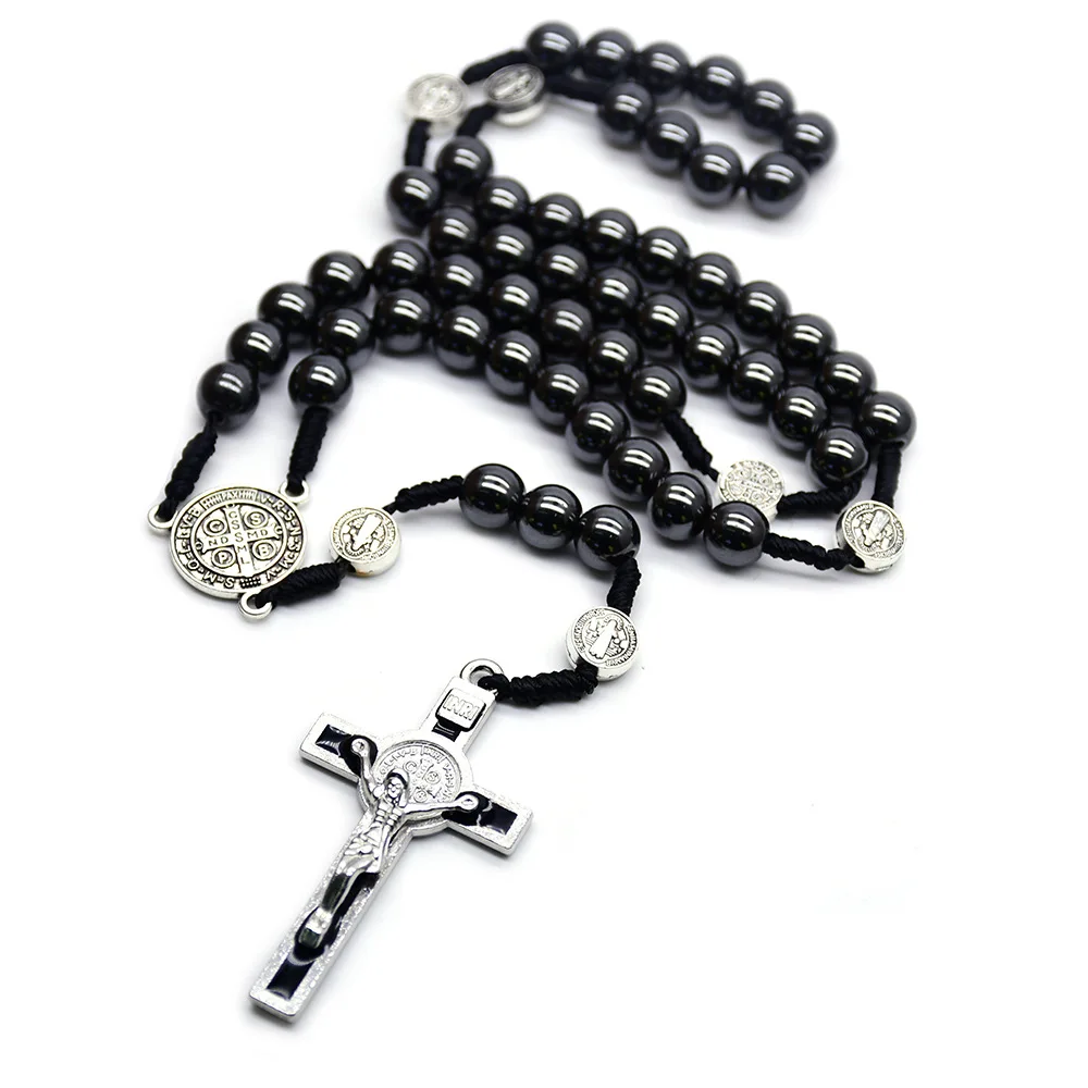 Wholesale Rosary Rope Knotted 8mm beads Catholic Necklace Hematite Beaded Necklace Rosaries for Blessing Church Items