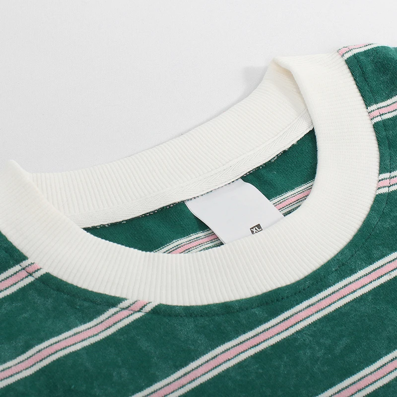custom 280G heavy fashion couple tshirt vintage wash stripes contrast color round neck short-sleeves T-shirt