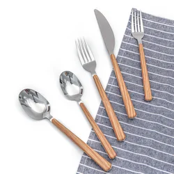Wooden color plastic handle fork spoon knife dinner stainless steel flatware set for restaurant party hotel