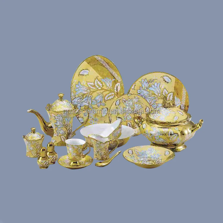 Elegance 47pcs 75pcs 84pcs Ceramic Fine Porcelain Eco Friendly Rose Gold Dinnerware Set Pakistani Dinner Set