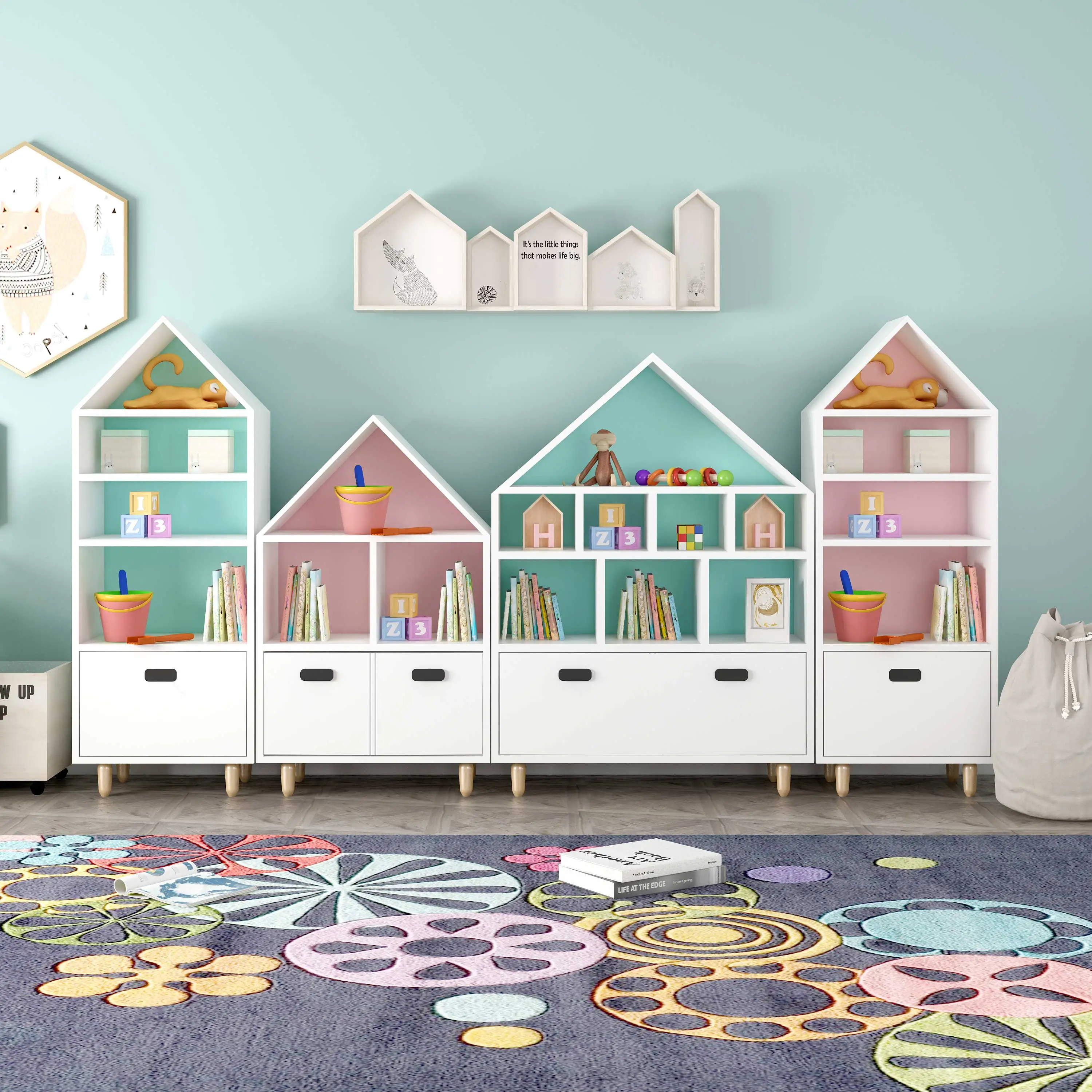 Living room bookcase for stock and storage kinds of books and kids toys