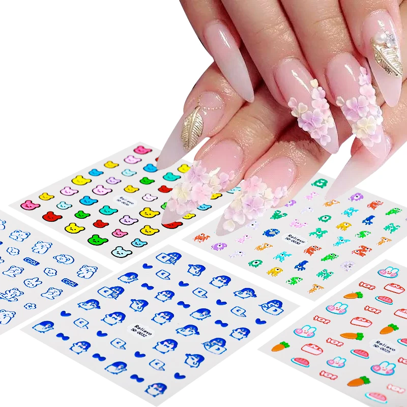 Cute Cartoon Nail Art Stickers Rainbow White Cloud Bear 5D Self-Adhesive Nail Decals Rabbit Panda Craft Design Nail Accessories
