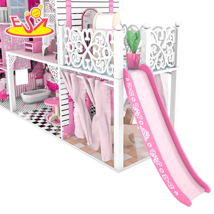 New hottest children pretend play wooden big doll house with slide W06A442