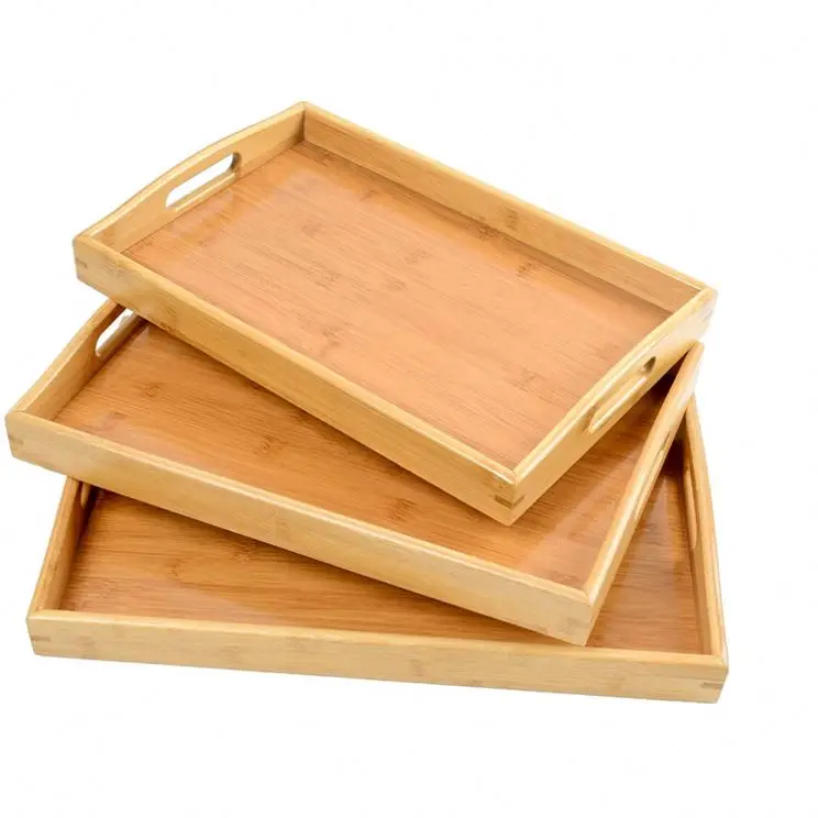 Set of 3 pieces natural bamboo and wood desktop display multi-purpose food tea bar rectangle wooden tray