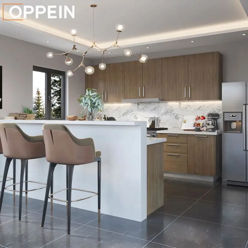 OPPEIN Wholesale Italian Free Standing Set Ebony Marble Tops Kitchen Cabinet Plywood