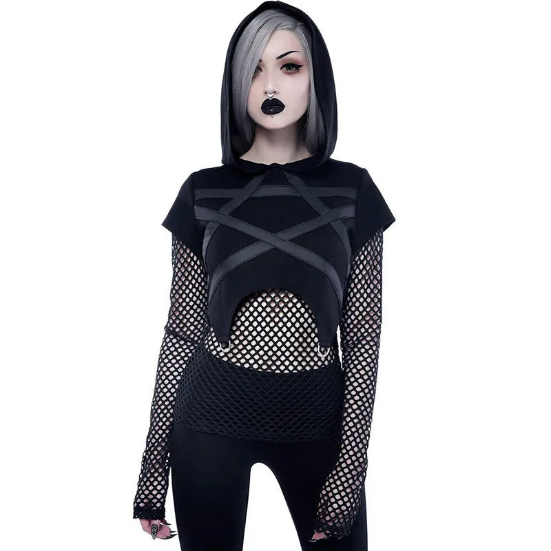 2023 Streetwear Harajuku Gothic Women Fashion Pentagram Mesh Long Sleeve Patchwork Hoodie Sweatshirt
