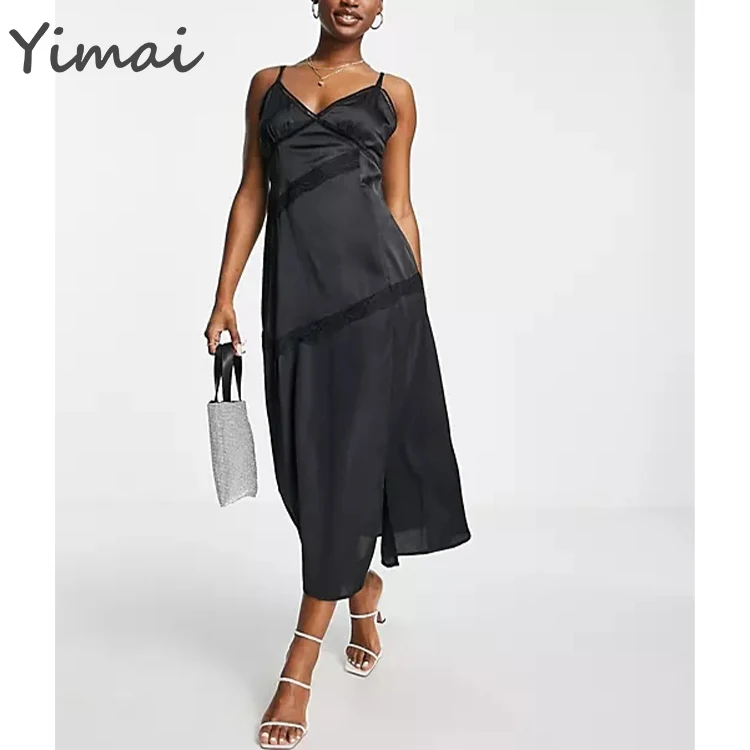 New Arrivals High Quality Women Summer Double Slit Lace Insert Satin Midi Slip Dress Black Woman Slip Dress