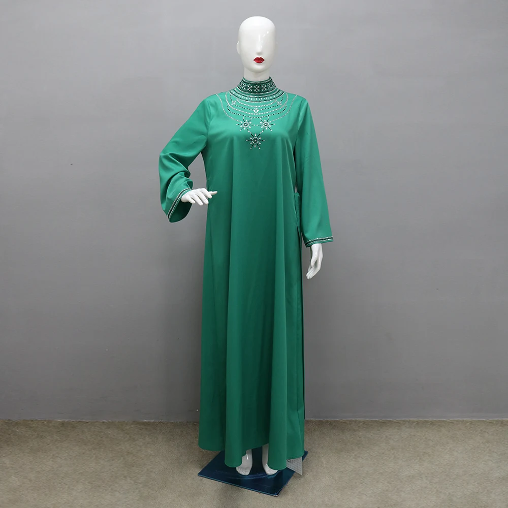 20245257 Green Abayas Long Sleeve High Neck Islamic Clothing Caftan Dresses With Rhinestones