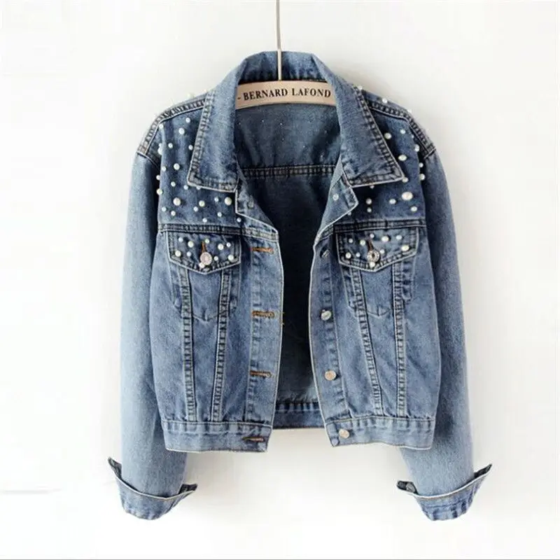 SP2948A  Spring Fall Pearl Beading Jeans Coat  Women Denim Jacket