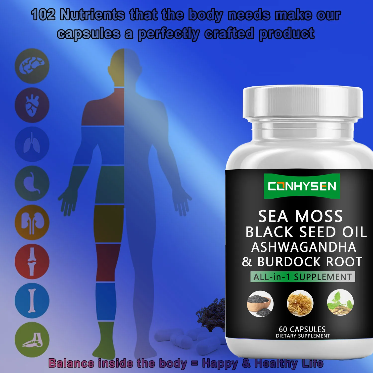 Private Label Sea Moss Capsules Herbal Supplements Black Seed Oil 95% Turmeric Extract Bladderwrack Burdock Root OEM