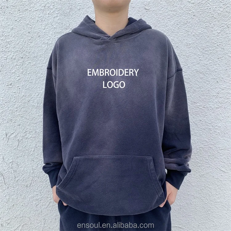 Custom Applique Embroidery Logo Distressed Unisex Hoodies Heavyweight Oversized Pullover Sun Faded Streetwear Acid Wash Hoodie