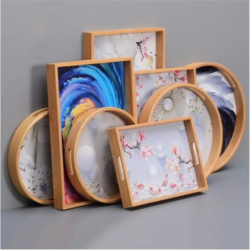 Wholesale Nordic Bamboo Tray Rectangular Tea Tray with Hand Painted Color Plates wooden serving tray
