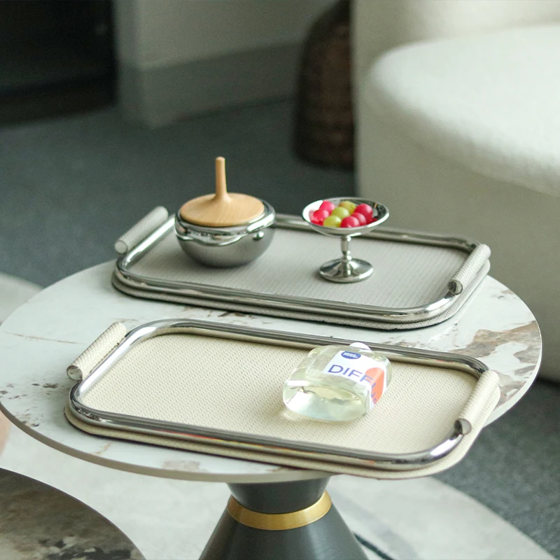 Hotel Metal Serving Trays Customised Light Luxury Metal Storage Tray Upscale Leather Home Service Tray