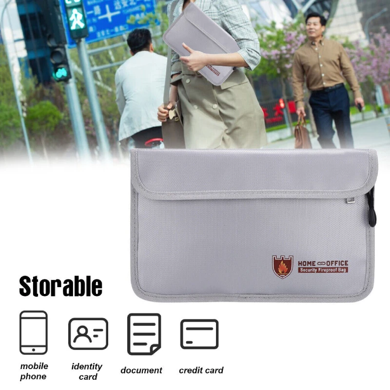 Fireproof Waterproof Two-Pocket Document Bag Zippers Secure Valuables Storage Pouch Cash File Fire Resistant Money Security