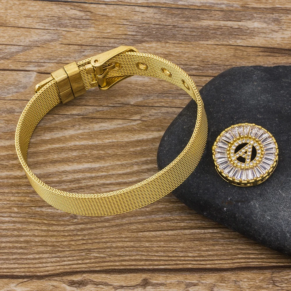 Classic Stainless Steel Watch Belt Bracelet Micro Pave CZ Crystal 26 Letters Name Bracelets Best Party Wedding Jewelry Gift