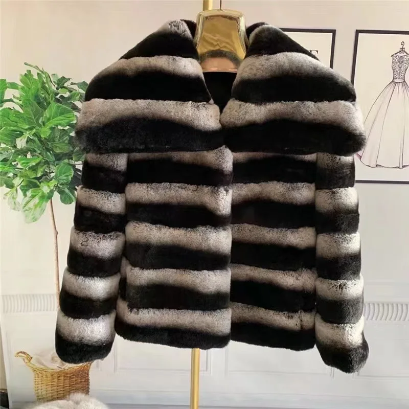 High level   Rex    Chinchilla  fur  coat  dyed  Color   Winter fur  coat    Women Warm  long  fur  overcoat