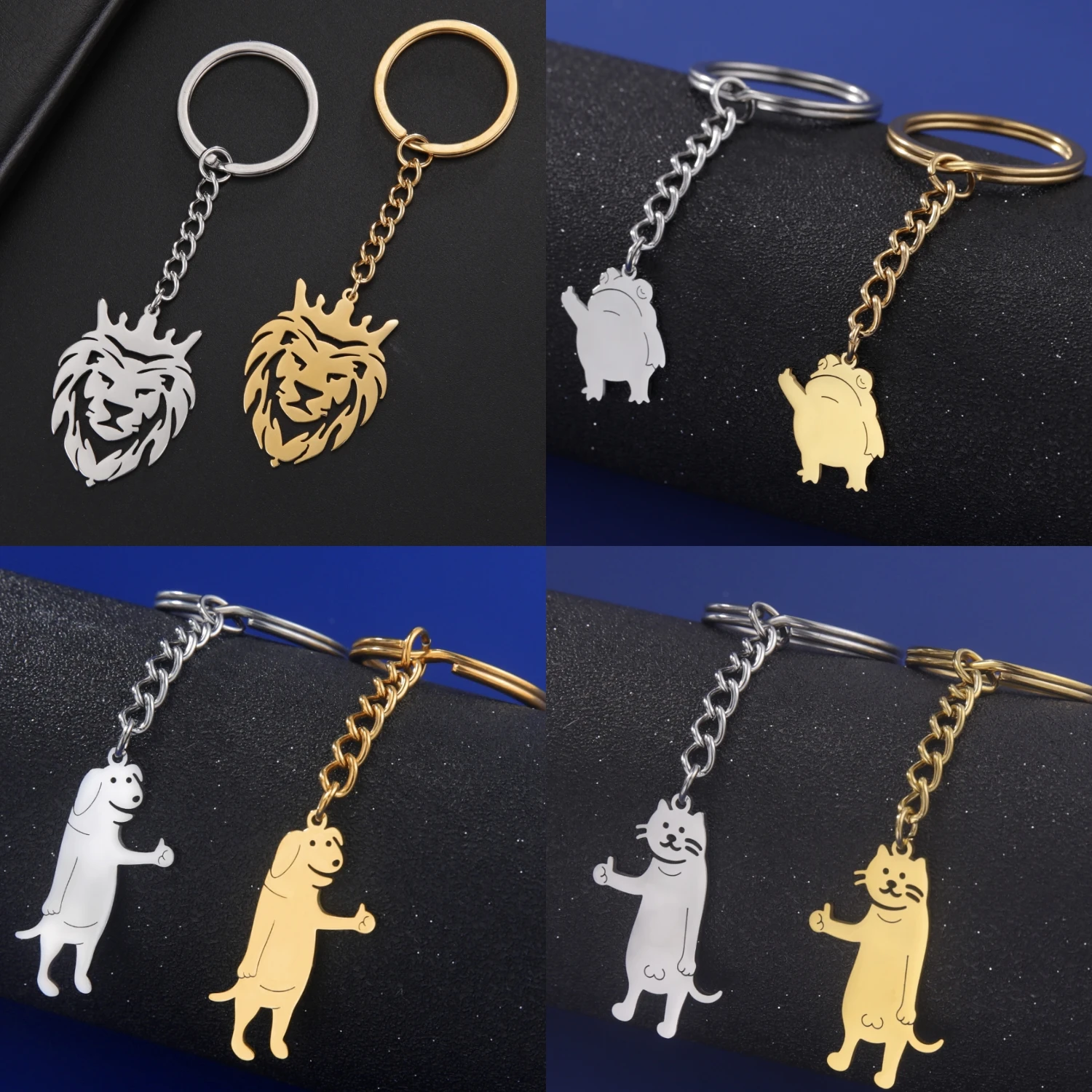 Fashion custom animal shape pendant dog cat charms keychain stainless steel pendant blank gold animal keychain