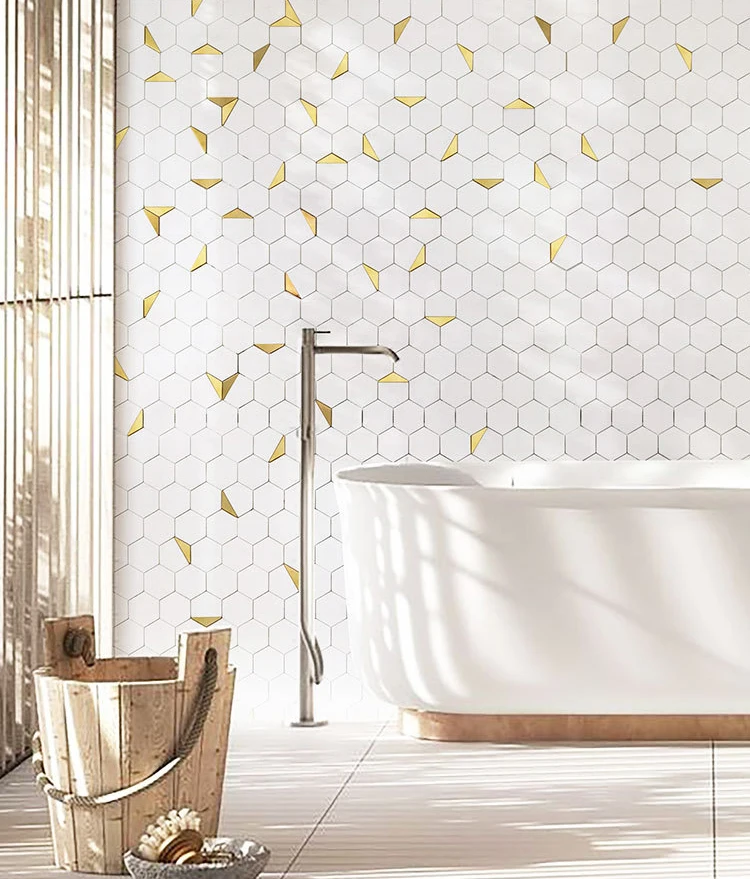 Longstar Latest Hotselling Wholesale White Hexagon Mosaic Tile With Gold Metal Attached For Bathroom Wall Design
