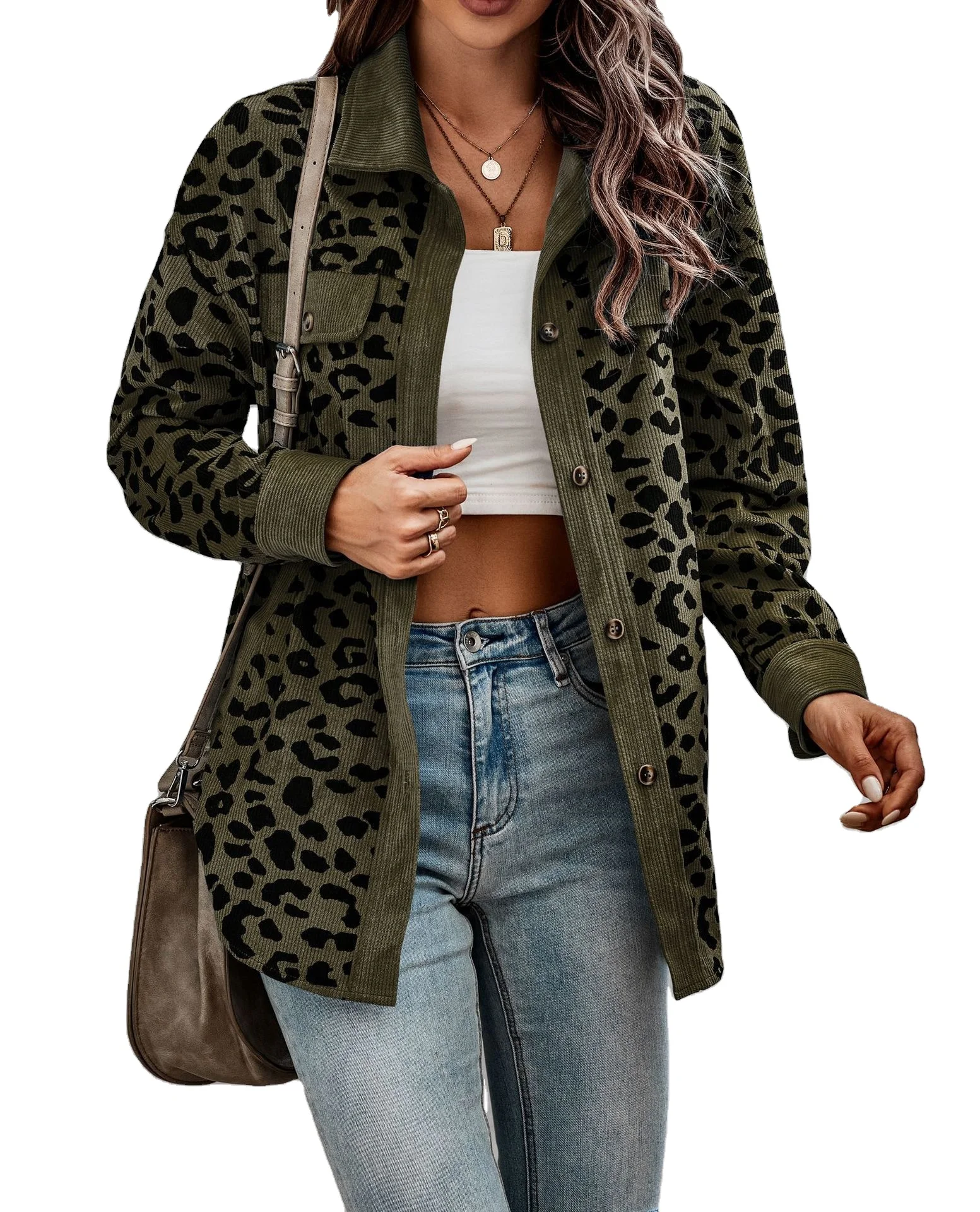 2022  women coats winter and autumn Wholesale long sleeve women jacket coat casual loose print leopard corduroy shacket