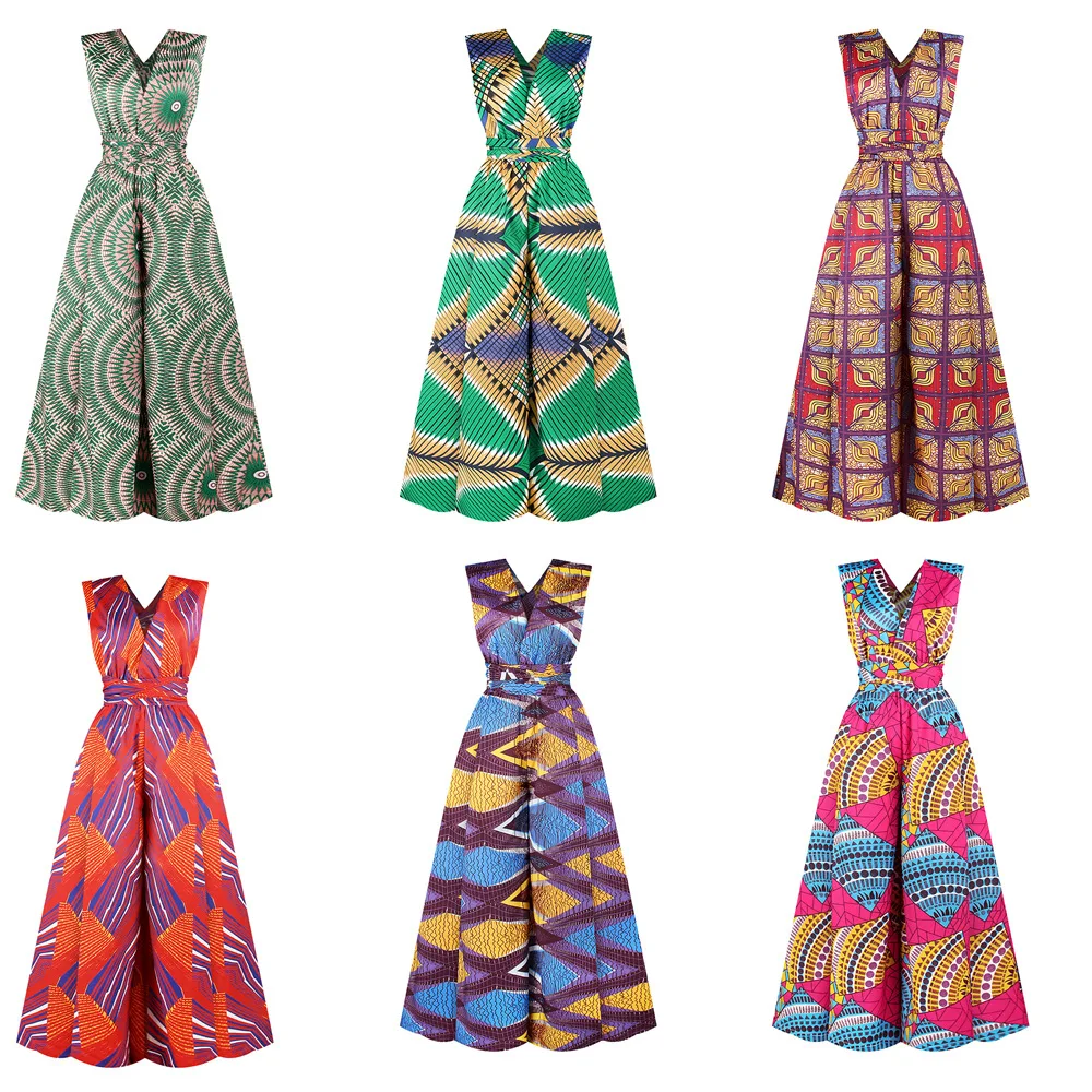  2021 Hot Selling Ethnic Style Print Bandage Wear African Ultra-wide-leg Jumpsuit Multi-way