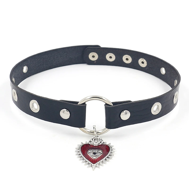 Punk Harajuku Accessories Vintage Gothic Rivet Choker Red Eyes Heart shaped Pendant Leather Collar for Women