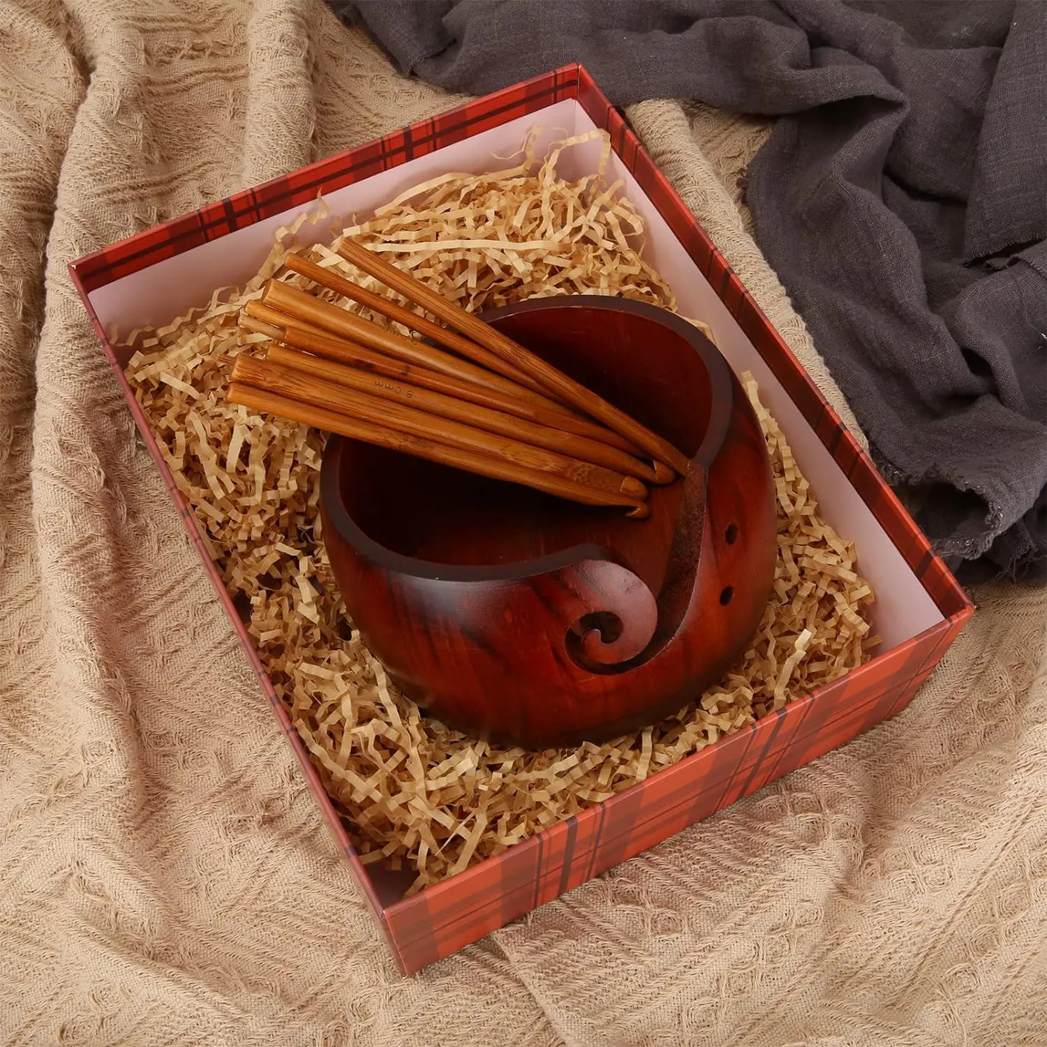 Wooden Crochet Yarn Bowl, Yarn Knitting Bowl with 12 Pcs Bamboo Crochet Hooks for Crocheting, Gift for Mom Grandma