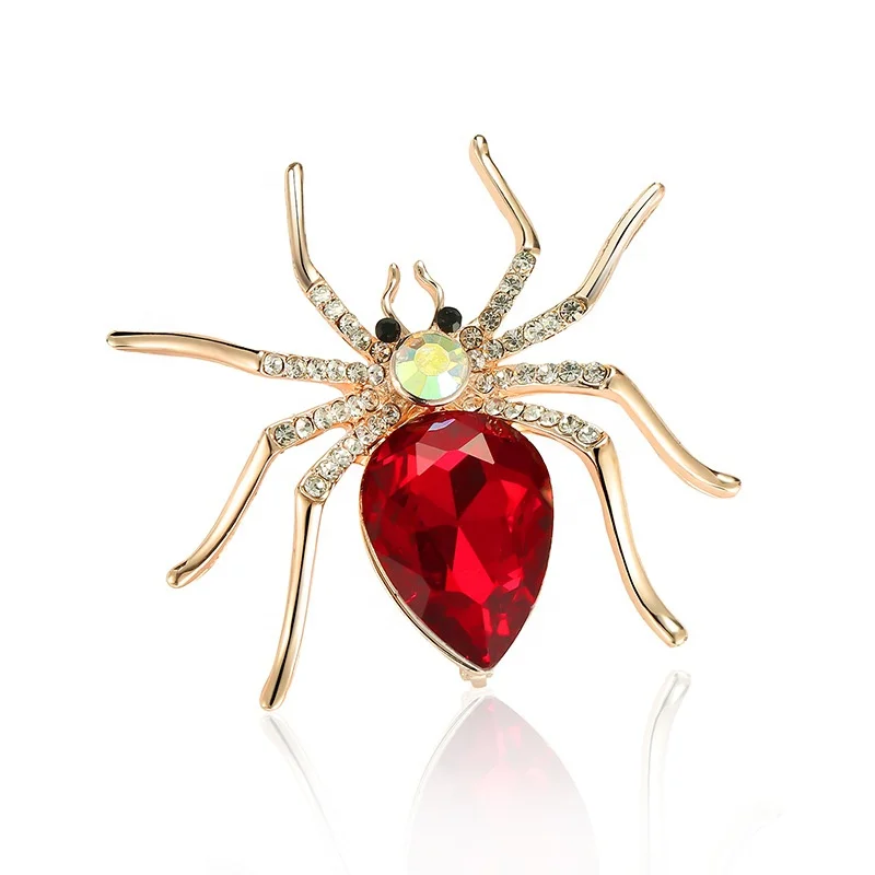 Fashion Luxury Custom Spider Red Teardrop shape Brooch Pins Gold Plated Alloy Brooches Accessories