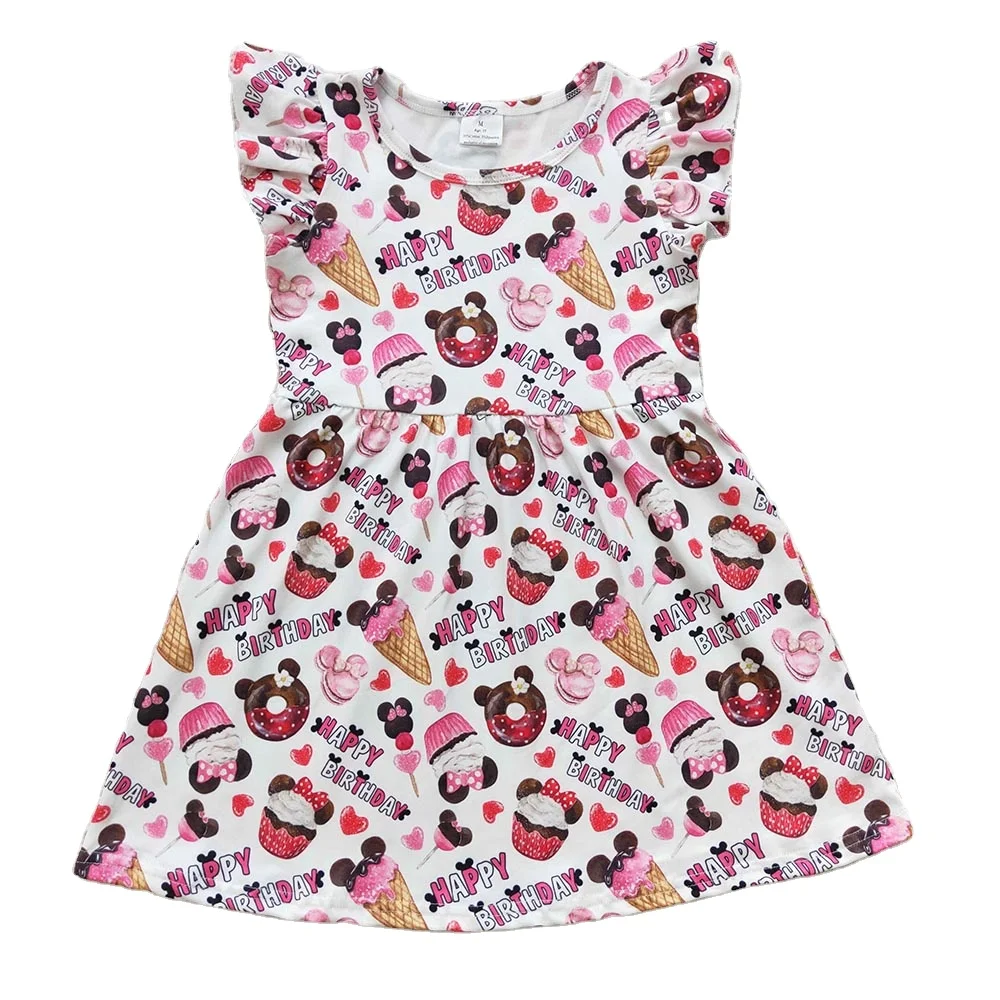 New Arrival RTS Flutter Sleeve Party Dress High Quality Happy Birthday Cartoon Casual Children Infant Best Selling Dresses
