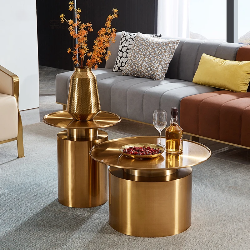 light luxury golden stainless steel electroplated coffee table set round metal tea table for living room house furniture
