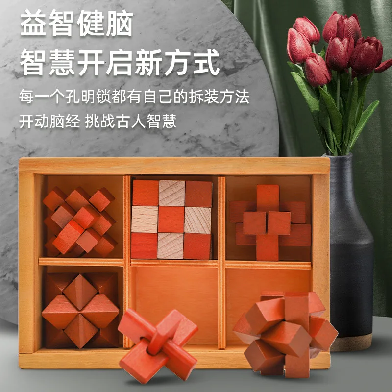 Hot sell Wooden 6pcs Kongming Lock Luban Lock Brain Teaser Fun Games initiation educational toys for teens kids Boys and Girls