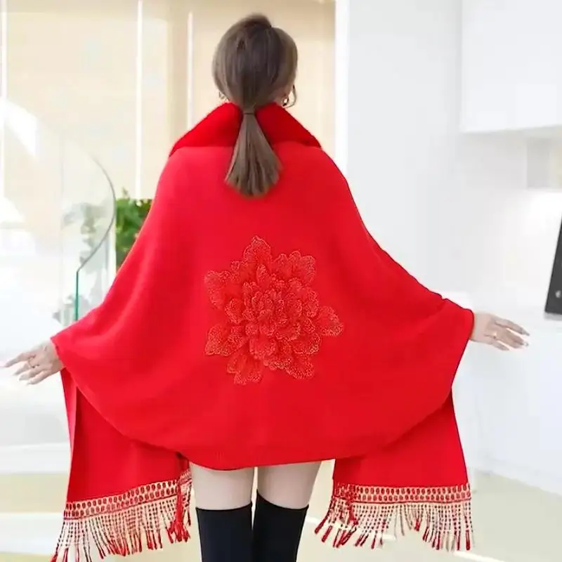 Japanese Korea Women Oversize Embroidered Fur Cloak Winter Knitted Poncho Capes Female Batwing Sleeves Tassel Long Wrap Coat