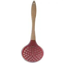 CXL110974 Long handle Large Silicone kitchen draining spoon / Silicone skimmer with Wooden handle