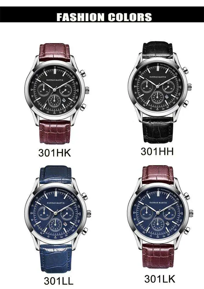 Hannah Martin 301 Hot Sale Gentlemen Quartz Watches For Man Alloy Small Three Needle Chronograph Timepiece Cool Watches For Men