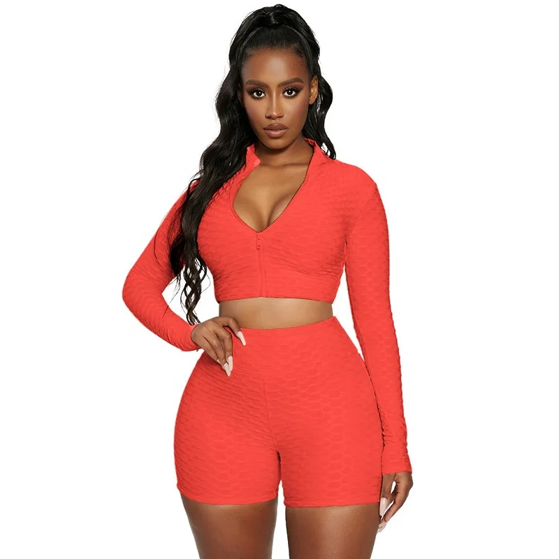 
2021 New Biker Shorts Two Piece Set Ladies Long Sleeve Zipper Crop Top Ruched Jogging Suit 2 Piece Biker Short Set for Women 