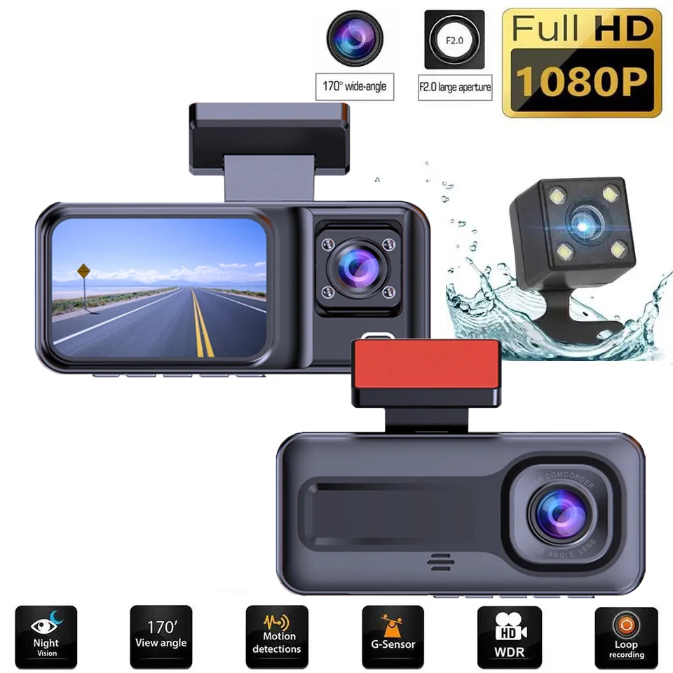 Car DVR Camcorder Black Box Video Recorder 2 Inch Mini Dash Cam For Car 3 Lens Camera Loop Recording 24 Hours Parking Monitoring