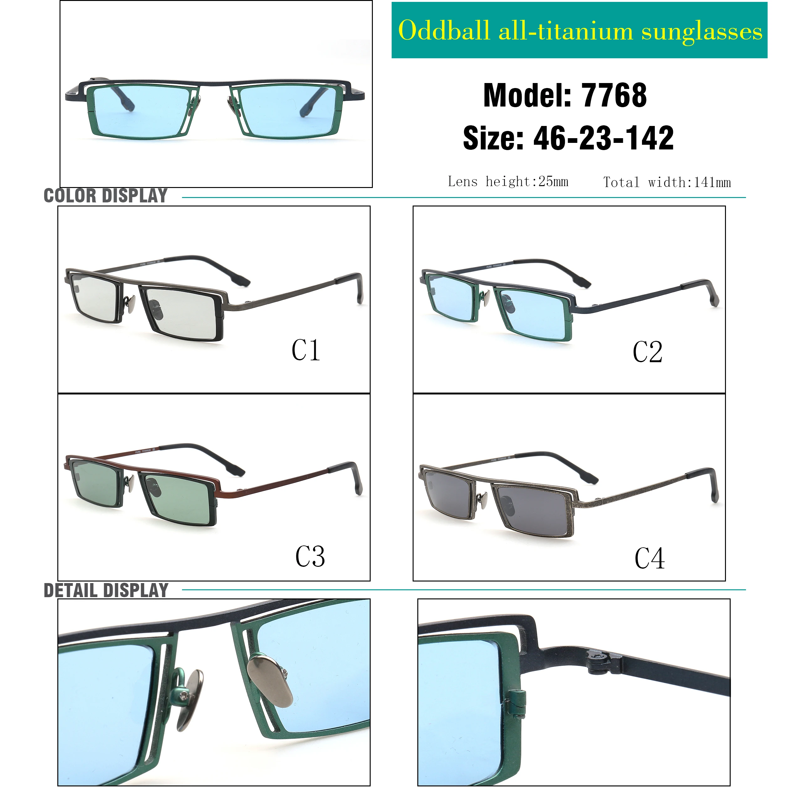 7768 New high-end luxury personality retro rectangular color all-titanium Polaroid sunglasses for men and women reading glasses