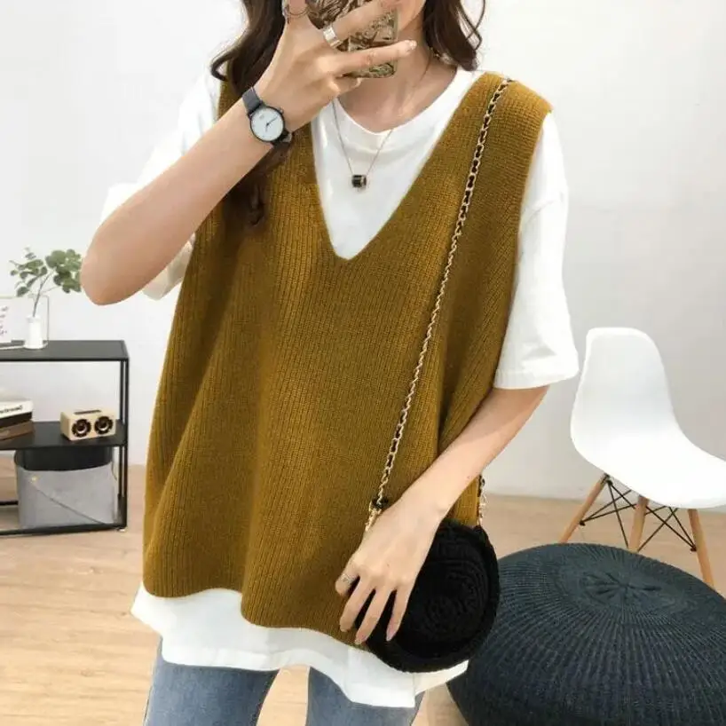 Vest Women Korean Style All-match Women Solid Loose Knitted Sweater Vest Ladies V-Neck Pullover Tops Teenager Girls Waistcoat