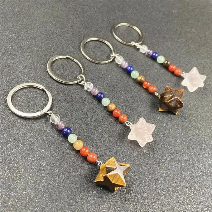 Natural Seven Chakra Stones Key Chain Reiki Crystal Merkaba Key Ring Pendant
