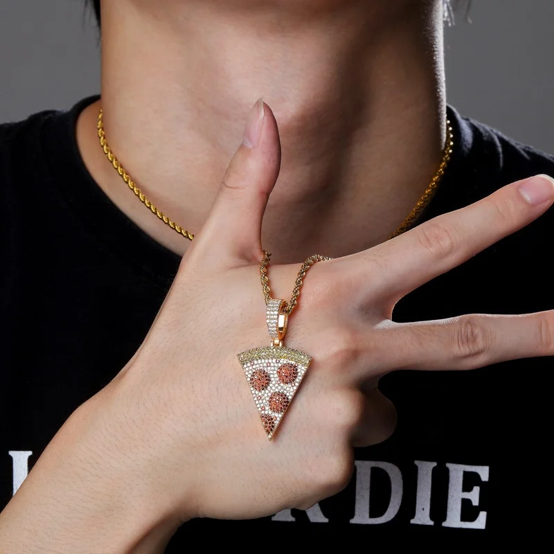 Hip Hop Jewelry Vintage Solid Zirconia Iced Out Pizza Pendant necklace Stereo Gold And Silver Micro Pave AAA+ CZ Stone Pendant