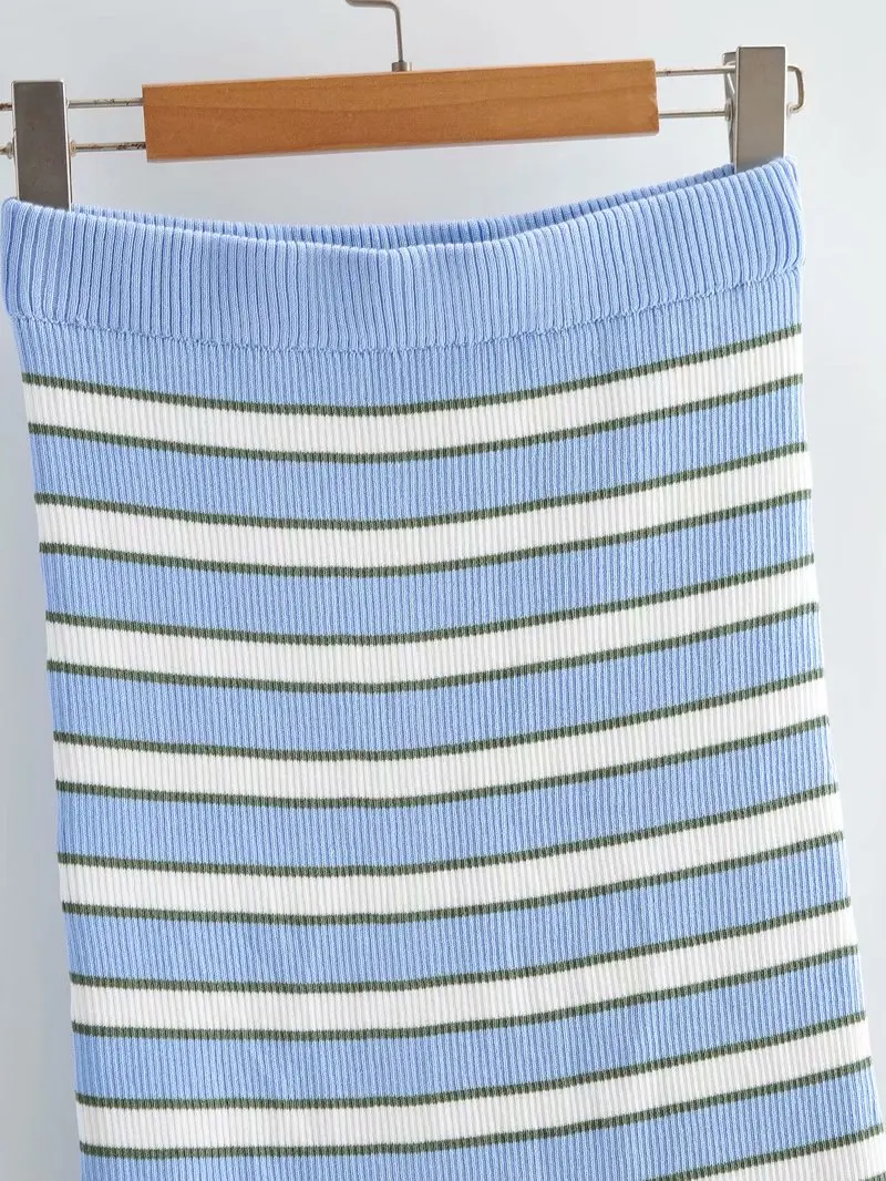 
Womens Knitted Straight Skirts Stripe Basic Ladies High Waist Elastic Band Midi Skirt Streetwear 