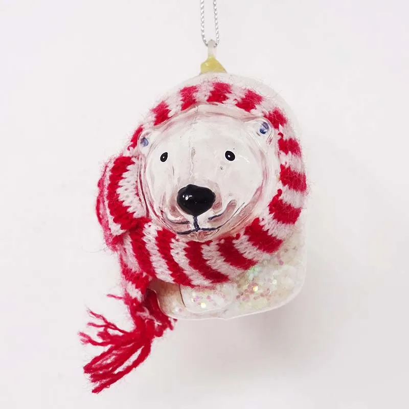 Wholesale christmas 2024 new products decorations glass cute polar bear with red striped scarf decoration